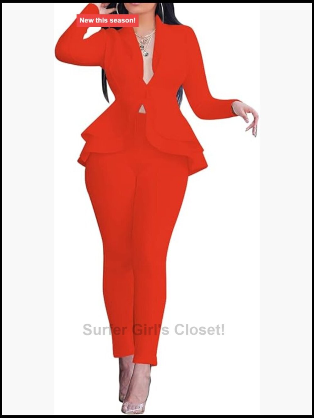 Two Piece Outfits Long Sleeve Deep V Neck Ruffle Peplum Blazer Bodycon Pants